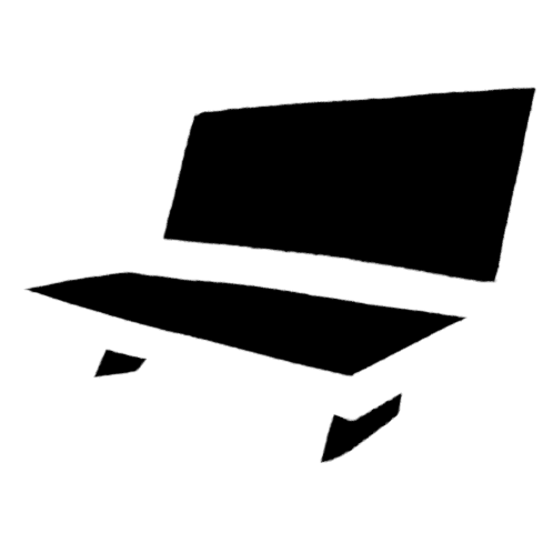A simple representation of a bench using three 2D planes, one for the seat, one for the back rest, and two for the feet of the bench. The bench is white with simple grey shading, outlined in black.